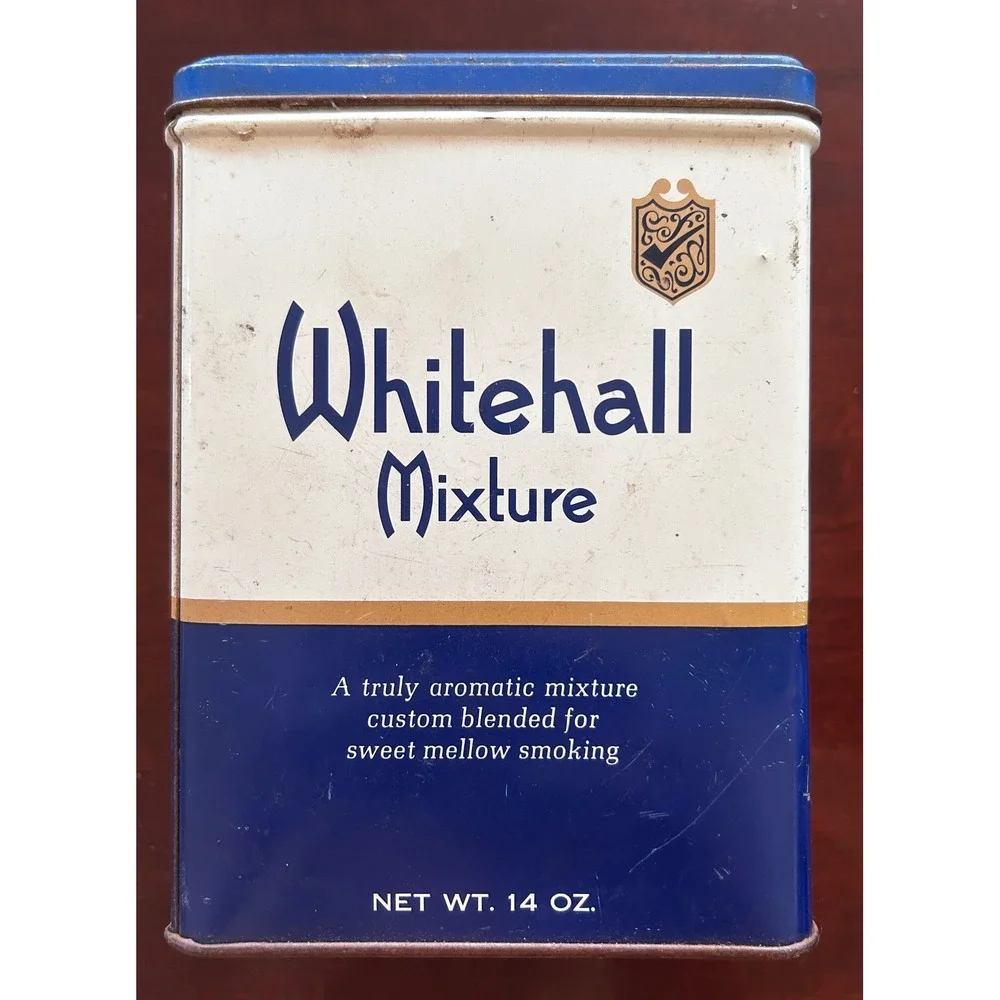Whitehall Mixture Tobacco Tin Metal 14oz Blue White Vintage Americana MCM